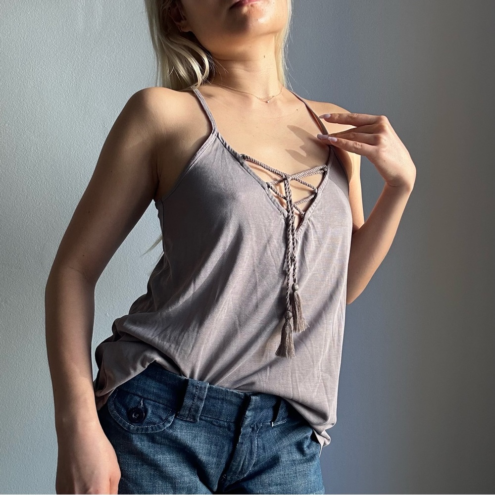 A&F Lace Up Front Crisscross Back Pewter Gray Camisole Top